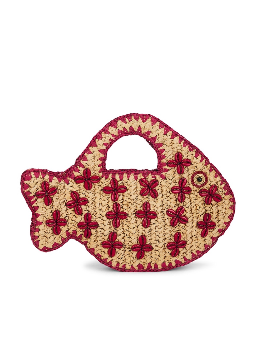 Nwt Simon Miller Woven Fish-Shaped Straw Clutch With Red Embellishments